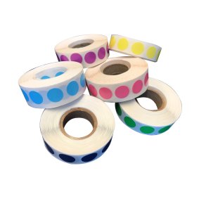 5 ruller Farveetiketter t/tj, str og brands,  rund 10mm