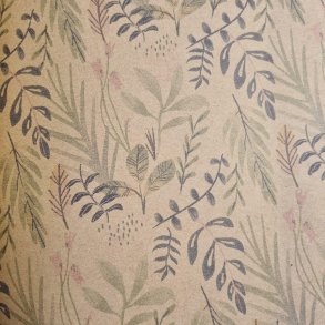 Gift wrap, brown kraft w/plants, 50cm x 100m