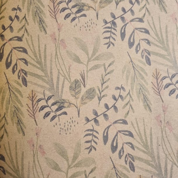Gift wrap, brown kraft w/plants, 50cm x 100m