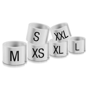 100 stk Strrelsesbrikker mini, hvid med sort skrift (S, M, L)