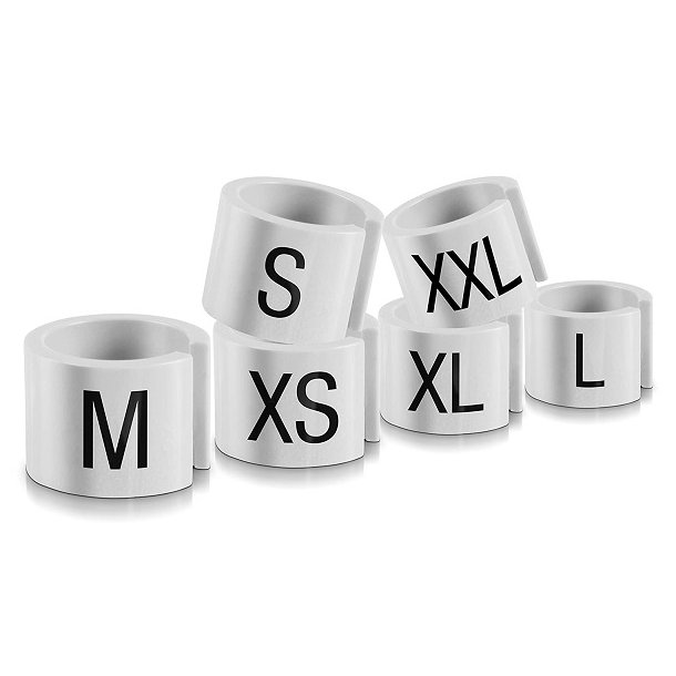 100 stk Strrelsesbrikker mini, hvid med sort skrift (S, M, L)